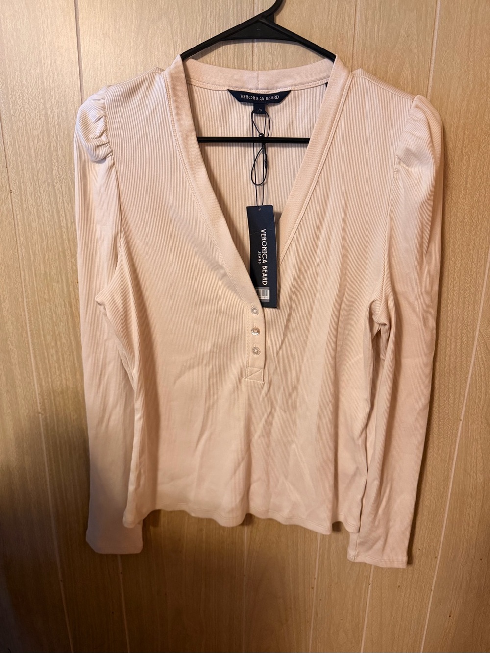 Veronica Beard Cream Puff-Sleeve Ribbed V-Neck Henley